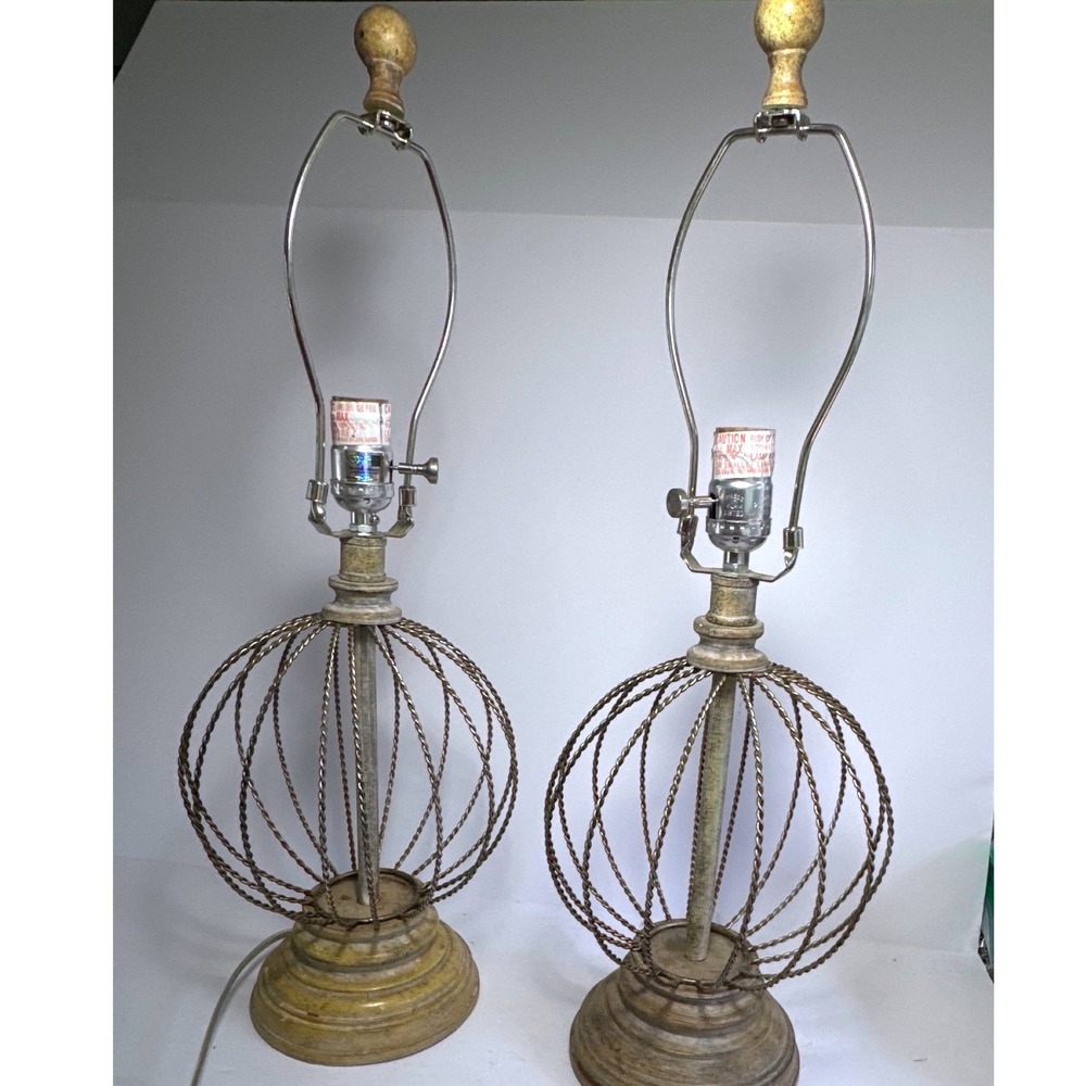 Pair Modern Antique Gold Birdcage Table Lamps Distressed Metal 2016
No Shades